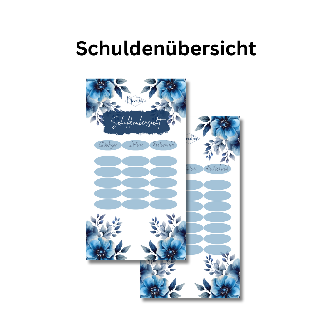 Schuldenübersicht Blaue Blumen gedruckt und laminiert