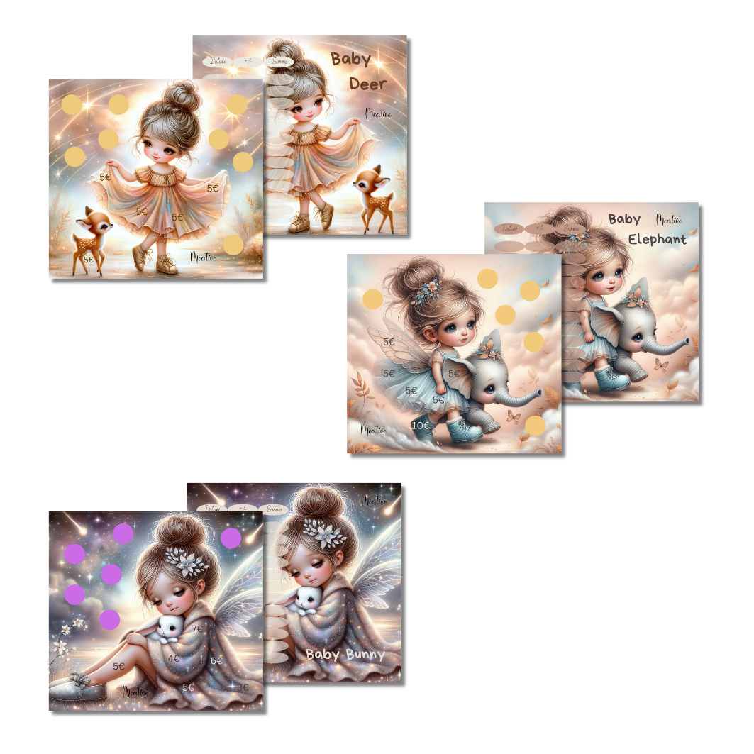 Baby Elephant, -bunny und -deer 4-Seitige Klappkarte x3